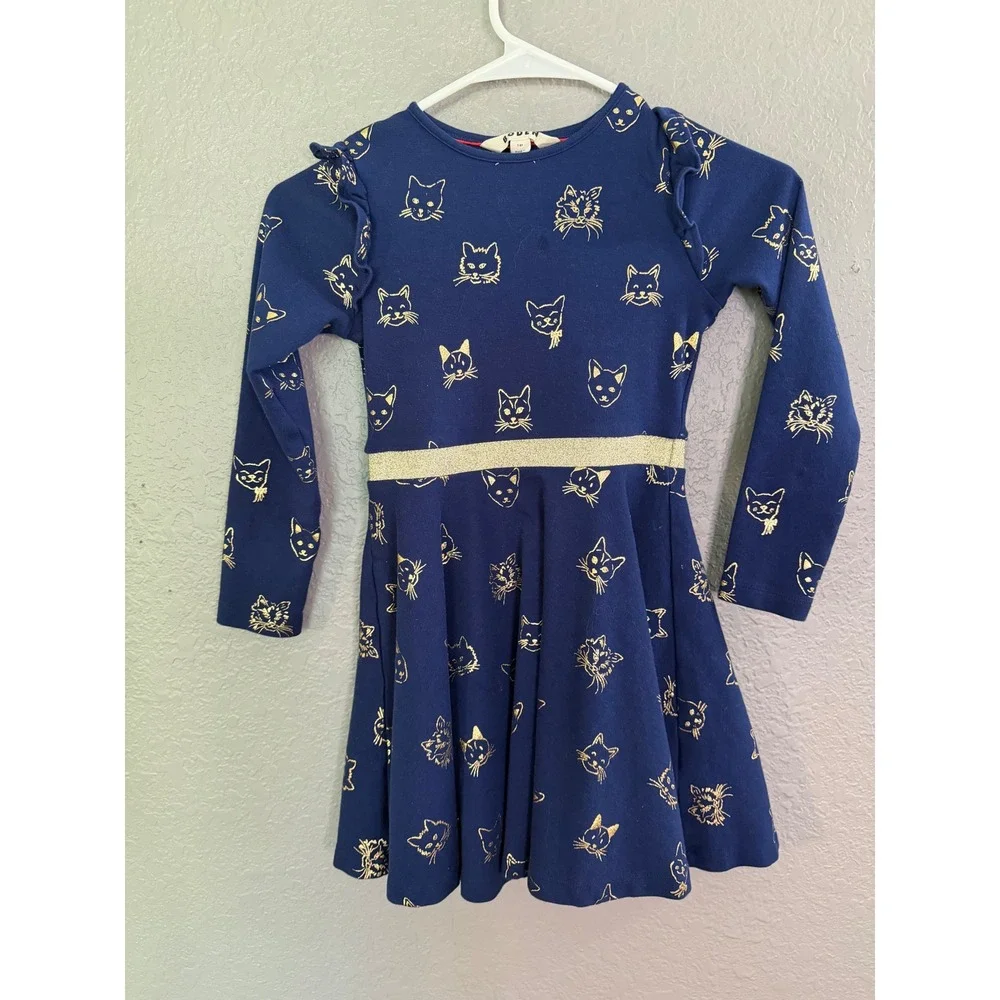 Mini Boden Girls Navy Blue Gold Foil Cat Face Ruffle Skater Dress Size 7-8Y